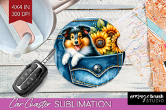 Denim Car Coaster - Dog In Pocket Coaster PNG Sublimation Product Image 1