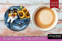 Denim Round Coaster - Dog In Pocket Coaster PNG Sublimation Product Image 1