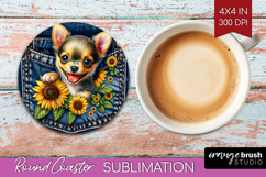 Denim Round Coaster - Dog In Pocket Coaster PNG Sublimation Product Image 1