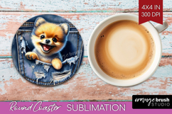 Denim Round Coaster - Dog In Pocket Coaster PNG Sublimation Product Image 1
