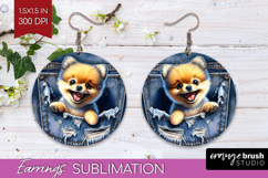 Denim Round Earrings - Dog In Pocket PNG Sublimation Product Image 1