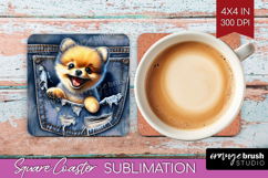 Denim Square Coaster - Dog In Pocket Coaster PNG Sublimation Product Image 1