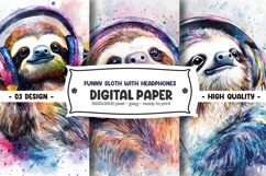 Funny sloth with headphones digital paper Product Image 1