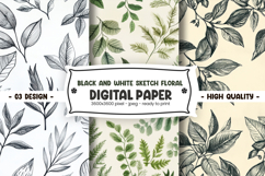 Black and white sketch floral digital paper Product Image 1