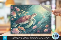 Turtle Gliding Through Water with Floral Cutting Board PNG Product Image 1