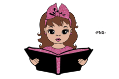 Cute Girl Reading Book SVG PNG PDF Clipart Glitter Pink Bow Product Image 3