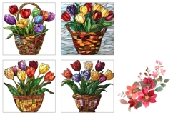 Stained Glass Easter Basket Square Coasters, Tulips PNG Product Image 3