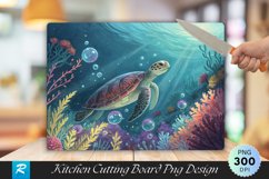 Turtle Amidst Vibrant Underwater Plants Cutting Board PNG Product Image 1