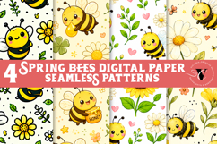 4 Spring Bees Digital Paper | Cute bee Seamless pattern Product Image 1