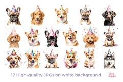 17 Dog Breeds in Party Hats Birthday Watercolor Clipart Product Image 5
