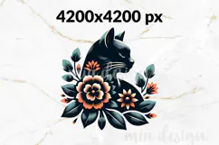 Folk Art Black Cat PNG, Floral Botanical Sublimation Product Image 2