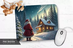 Santa by Snow-Covered Cabin and Stars Mouse Pad Sublimation Product Image 1