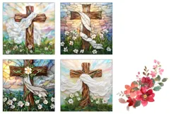 Stained Glass Cross PNG, Floral Easter Cross Coasters Product Image 3
