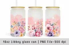 Pink Flower glass can wrap, Watercolor flowers sublimation Product Image 1