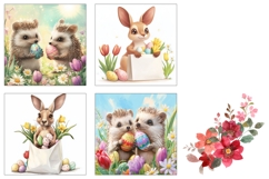 Easter Hedgehog Square Coasters, Easter Flowers Coaster PNG Product Image 3