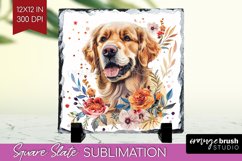 Floral Dog Slate PNG - Flowers Square Slate Sublimation Product Image 1