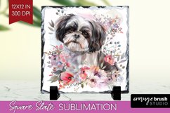 Floral Dog Slate PNG - Flowers Square Slate Sublimation Product Image 1