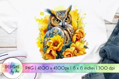 Owl with Yellow Flowers Sublimation | Watercolour Owl Print Product Image 1