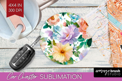 Pastel Flowers Car Coaster - Summer Coaster PNG Sublimation Product Image 1