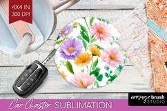 Pastel Flowers Car Coaster - Summer Coaster PNG Sublimation Product Image 1