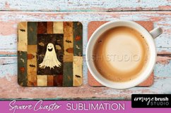 Patchwork Retro Halloween Coaster, Ghost Square Coaster PNG Product Image 1
