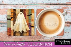 Patchwork Retro Halloween Coaster, Ghost Square Coaster PNG Product Image 1
