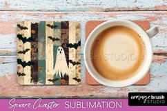 Patchwork Retro Halloween Coaster, Ghost Square Coaster PNG Product Image 1