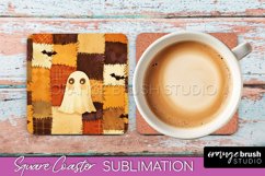 Patchwork Retro Halloween Coaster, Ghost Square Coaster PNG Product Image 1