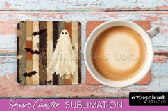 Patchwork Retro Halloween Coaster, Ghost Square Coaster PNG Product Image 1