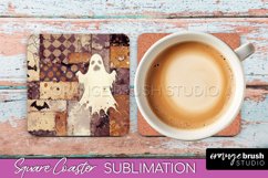 Patchwork Retro Halloween Coaster, Ghost Square Coaster PNG Product Image 1