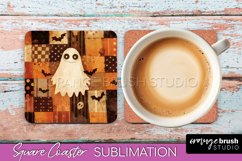 Patchwork Retro Halloween Coaster, Ghost Square Coaster PNG Product Image 1
