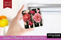 Peony Flowers Magnet Sublimation - Floral Square Magnet PNG Product Image 1