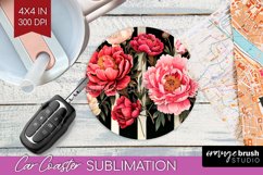 Peony Flowers Car Coaster - Floral Coaster PNG Sublimation Product Image 1