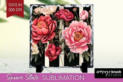 Peony Flowers Slate PNG - Floral Square Slate Sublimation Product Image 1