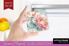 Peony Flowers Magnet Sublimation - Floral Square Magnet PNG Product Image 1