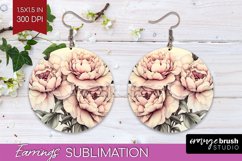 Peony Flowers Round Earrings - Floral PNG Sublimation Product Image 1