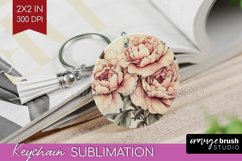 Peony Flowers Keychain PNG - Floral Keychain Sublimation Product Image 1