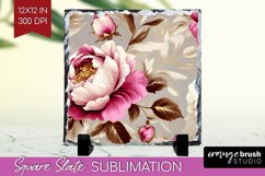 Peony Flowers Slate PNG - Floral Square Slate Sublimation Product Image 1