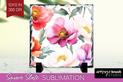 Peony Flowers Slate PNG - Floral Square Slate Sublimation Product Image 1