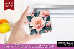 Peony Flowers Magnet Sublimation - Floral Square Magnet PNG Product Image 1