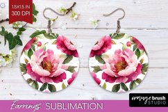 Peony Flowers Round Earrings - Floral PNG Sublimation Product Image 1