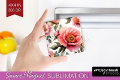 Peony Flowers Magnet Sublimation - Floral Square Magnet PNG Product Image 1