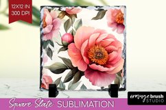Peony Flowers Slate PNG - Floral Square Slate Sublimation Product Image 1