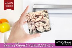 Peony Flowers Magnet Sublimation - Floral Square Magnet PNG Product Image 1