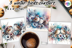 Winter Birds Coaster PNG, Elegant Watercolour Bird Coasters Product Image 1