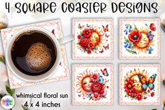 Whimsical Floral Sun Coaster Sublimation, Square Coaster PNG Product Image 1