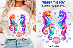 Holographic Summer Clipart, Rainbow Seahorse Family PNG Product Image 1