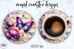 Vintage Butterfly Coaster, Vintage Music Paper with Flowers Product Image 1
