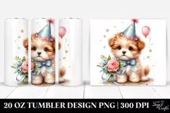 Cute Baby Dog with Party Hat, Watercolor Image | 20 oz Product Image 1