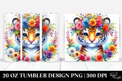 Cartoon-Style Watercolor Tiger with Flower Crown | 20 oz Product Image 1